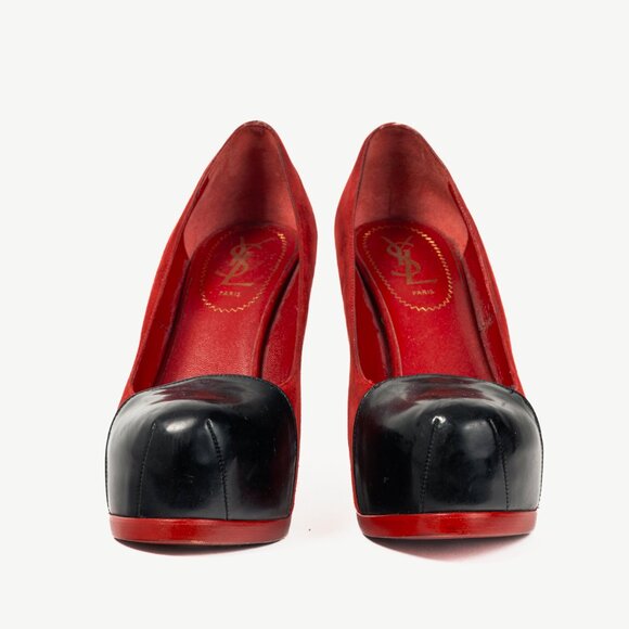 Yves Saint Laurent Tribtoo 80 Platform Poppy Suede & Nero Cap-Toe Pumps - Picture 2 of 9